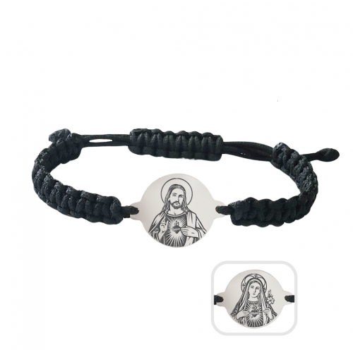 Knitted bracelet with silver medallion "Sacred Heart of Jesus and Mary"